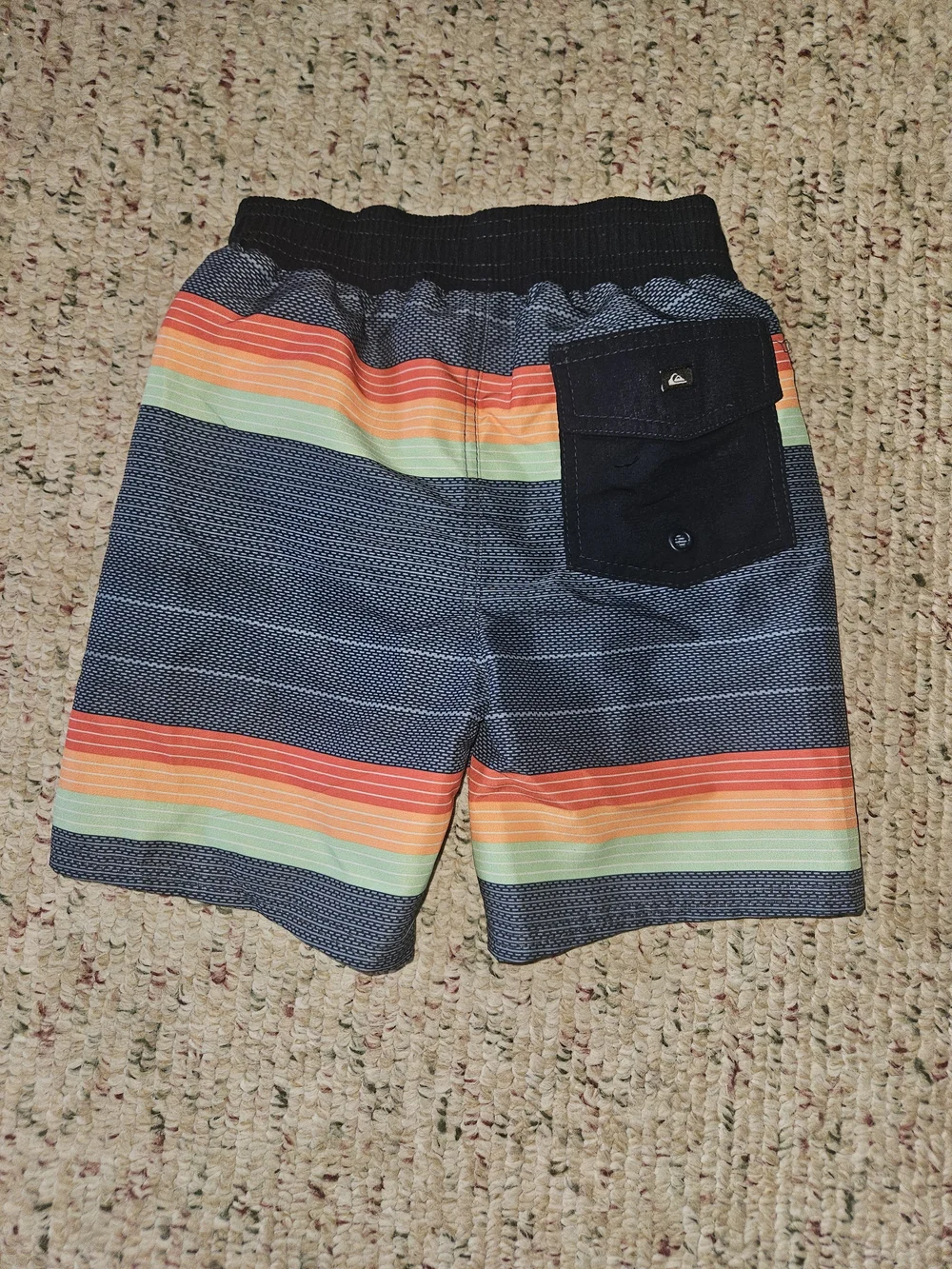 Quiksilver Boys Blue Stripe Swim Trunks with Orange, Green, and White Accents